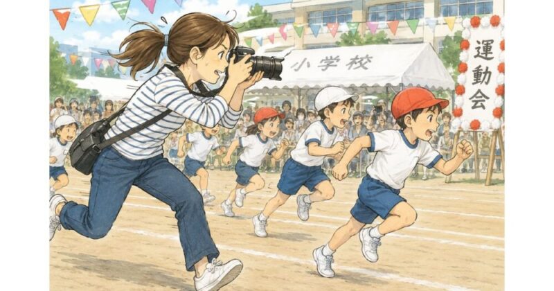 運動会の子どもたち。競技している様子を母親が撮影している