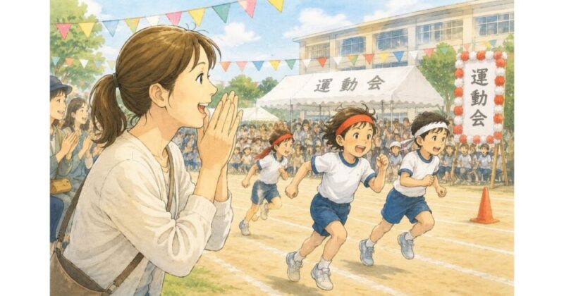 運動会で子供たちを一生懸命応援するお母さん